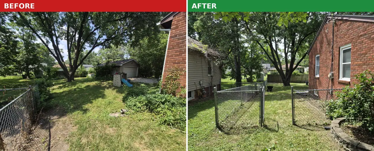 Before and after of a Des Moines backyard clearing, overgrown then cut back and tidy